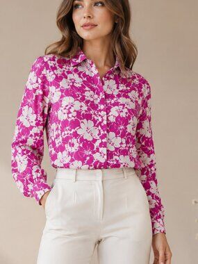 Tommy Hilfiger Floral Blouse Size M Pink White Button Front Long Sleeve